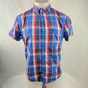 American Eagle Mens Medium Blue Red Plaid Button Down Shirt Vintage Fit Preppy